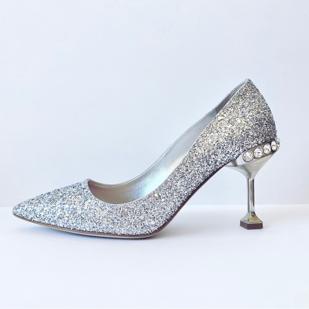 Miu Miu Silver Glitter Crystal Pumps, size 36